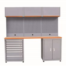 עמדת עבודה כולל עגלת כלים 7 ארון צד, לוח תלייה מחורר ו 3 ארונות איחסון