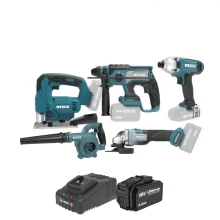 סט 5 כלים 18V מברגת אימפקט + פטישון + משחזת זווית "4.5 + ג'קסו + מפוח + סוללה 4AH + מטען מהיר WESCO